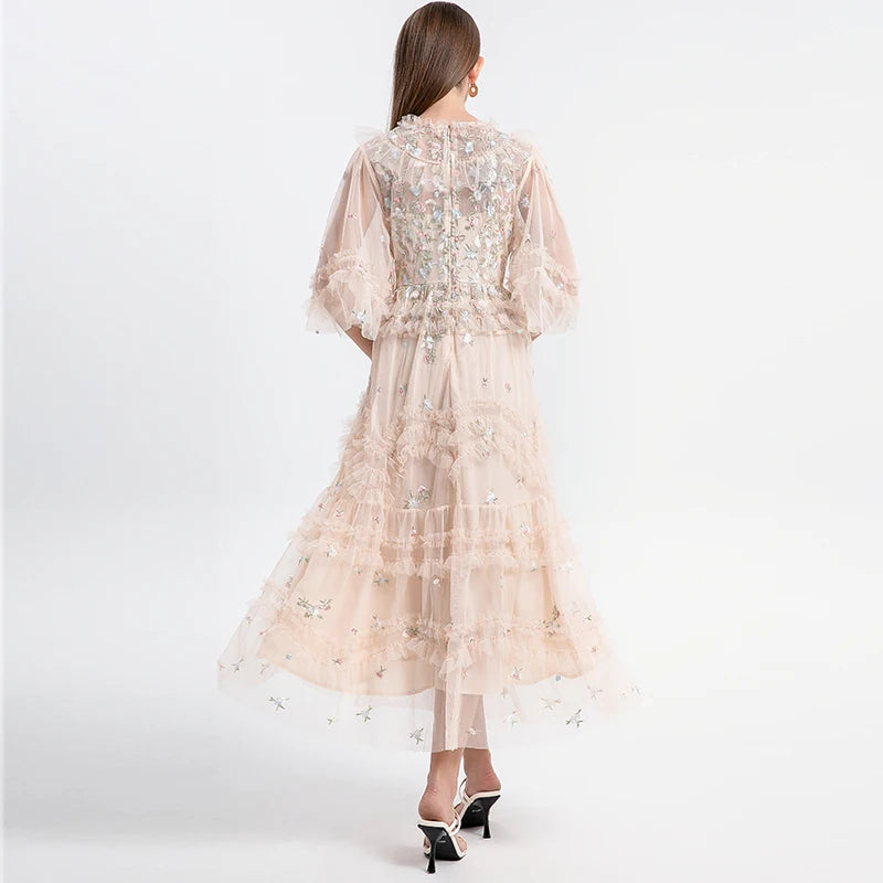 Embroidery Flower Midi Dress