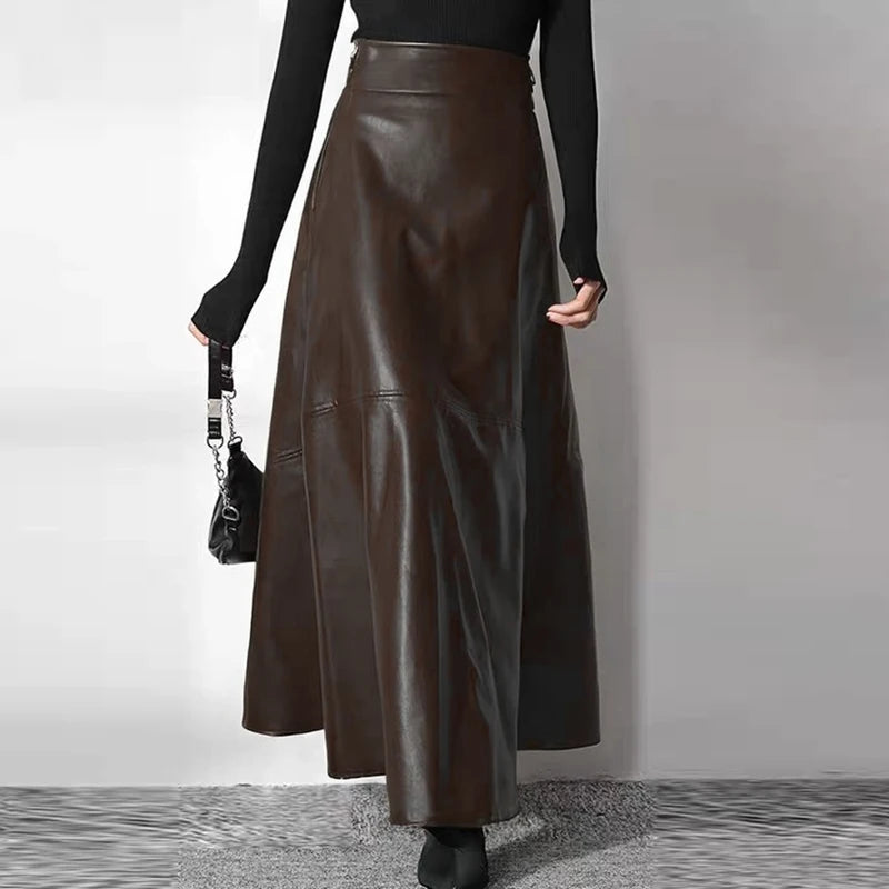 Women’s High Waist Leather Long Skirt