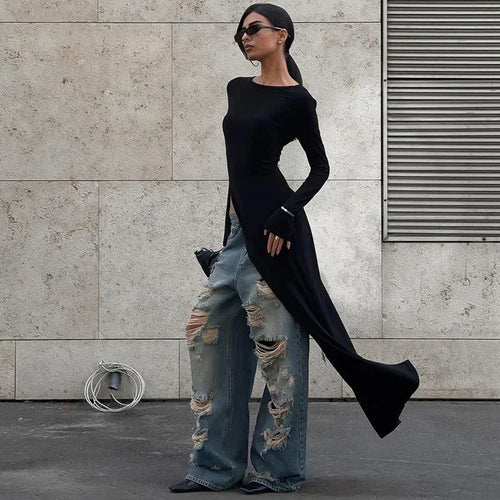 Asymmetrical Long Sleeve Black Dress