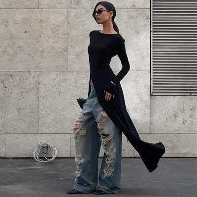 Asymmetrical Long Sleeve Black Dress
