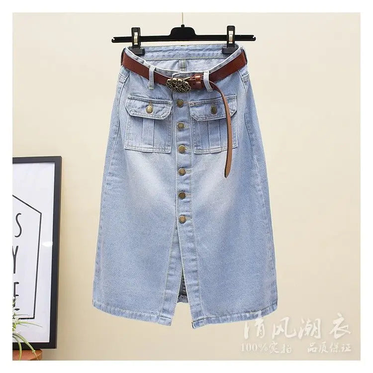 High-Waist Front Slit Denim Pencil Skirt