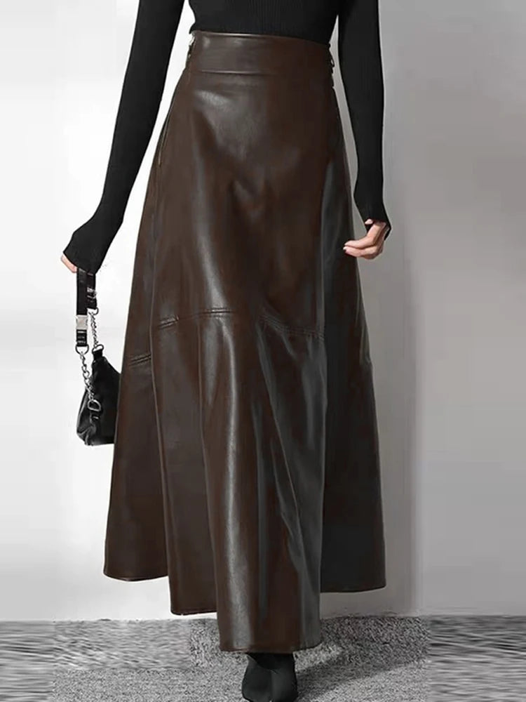 Women’s High Waist Leather Long Skirt