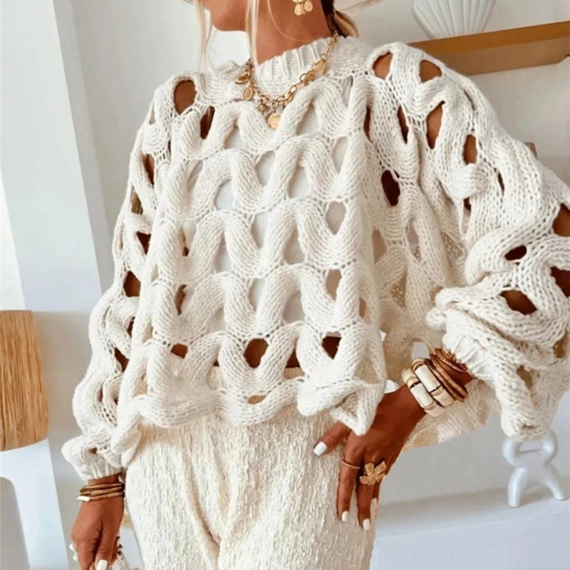 Hollow Out Long Sleeved Knitted Sweater