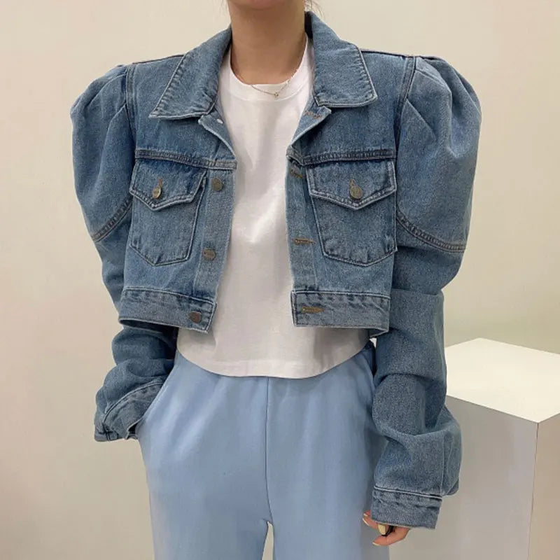 Puff Sleeve Vintage Denim Jacket
