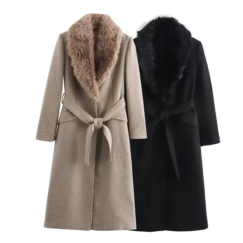 Amelie Belted Fur-Collar Coat