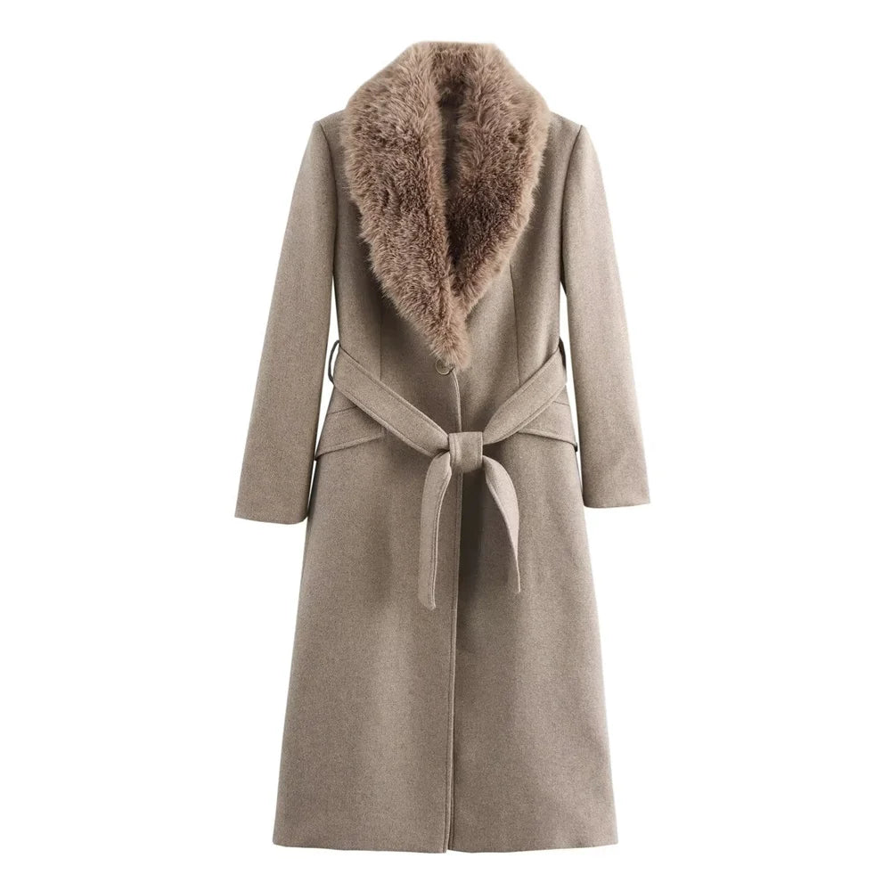 Amelie Belted Fur-Collar Coat