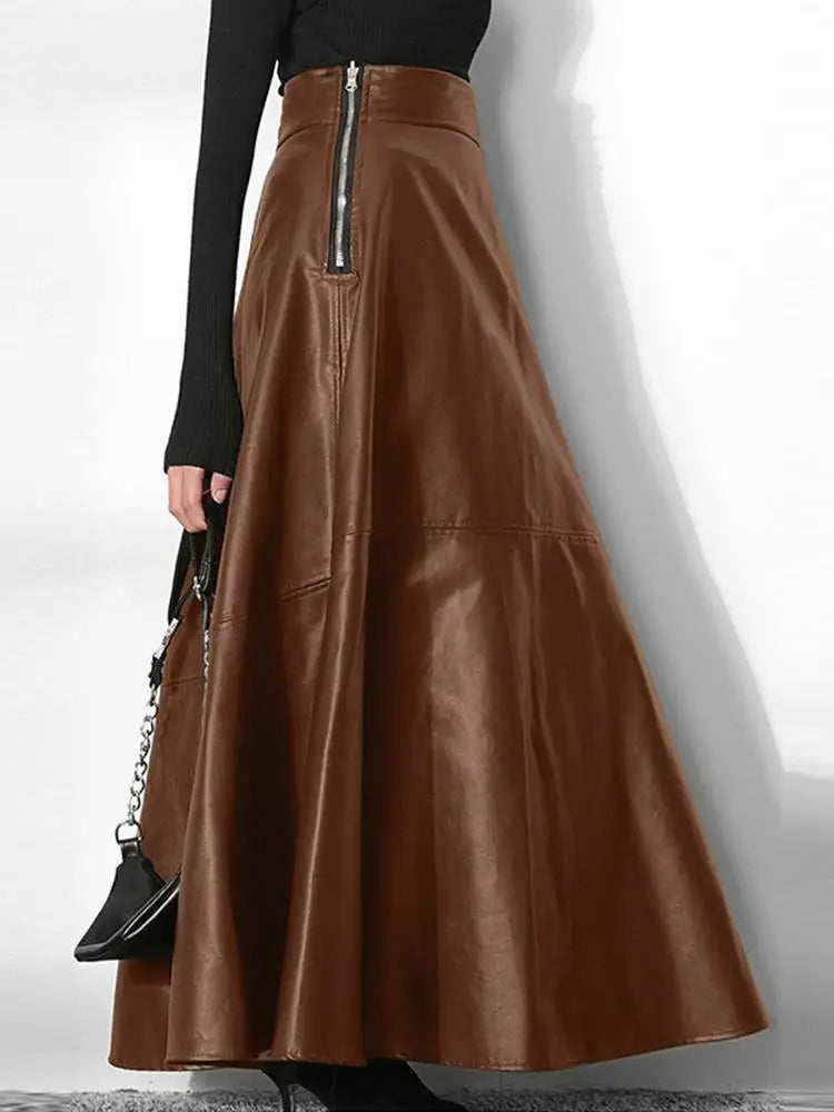 Women’s High Waist Leather Long Skirt