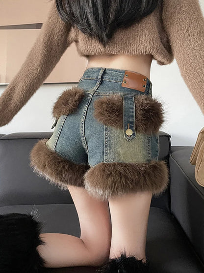 Fur Denim Shorts