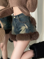 Fur Denim Shorts