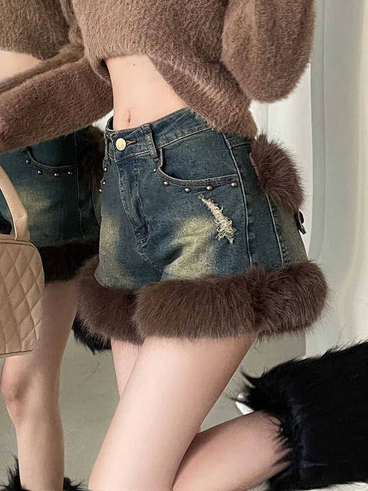 Fur Denim Shorts