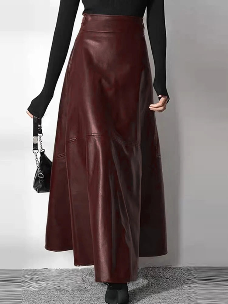 Women’s High Waist Leather Long Skirt