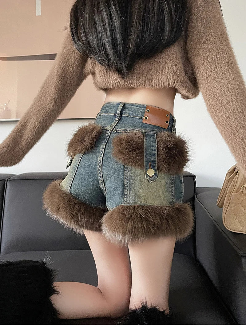 Fur Denim Shorts