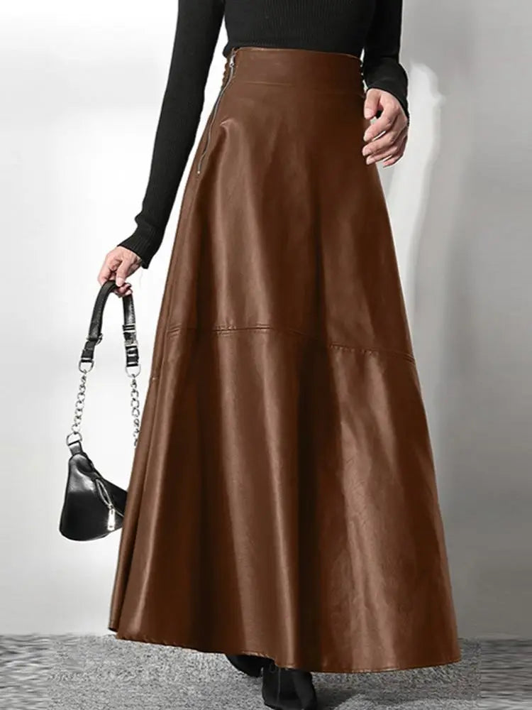 Women’s High Waist Leather Long Skirt