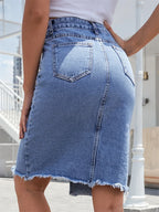 High-Waist Front Slit Denim Midi Skirt