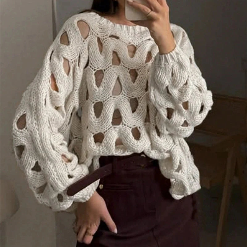 Hollow Out Long Sleeved Knitted Sweater