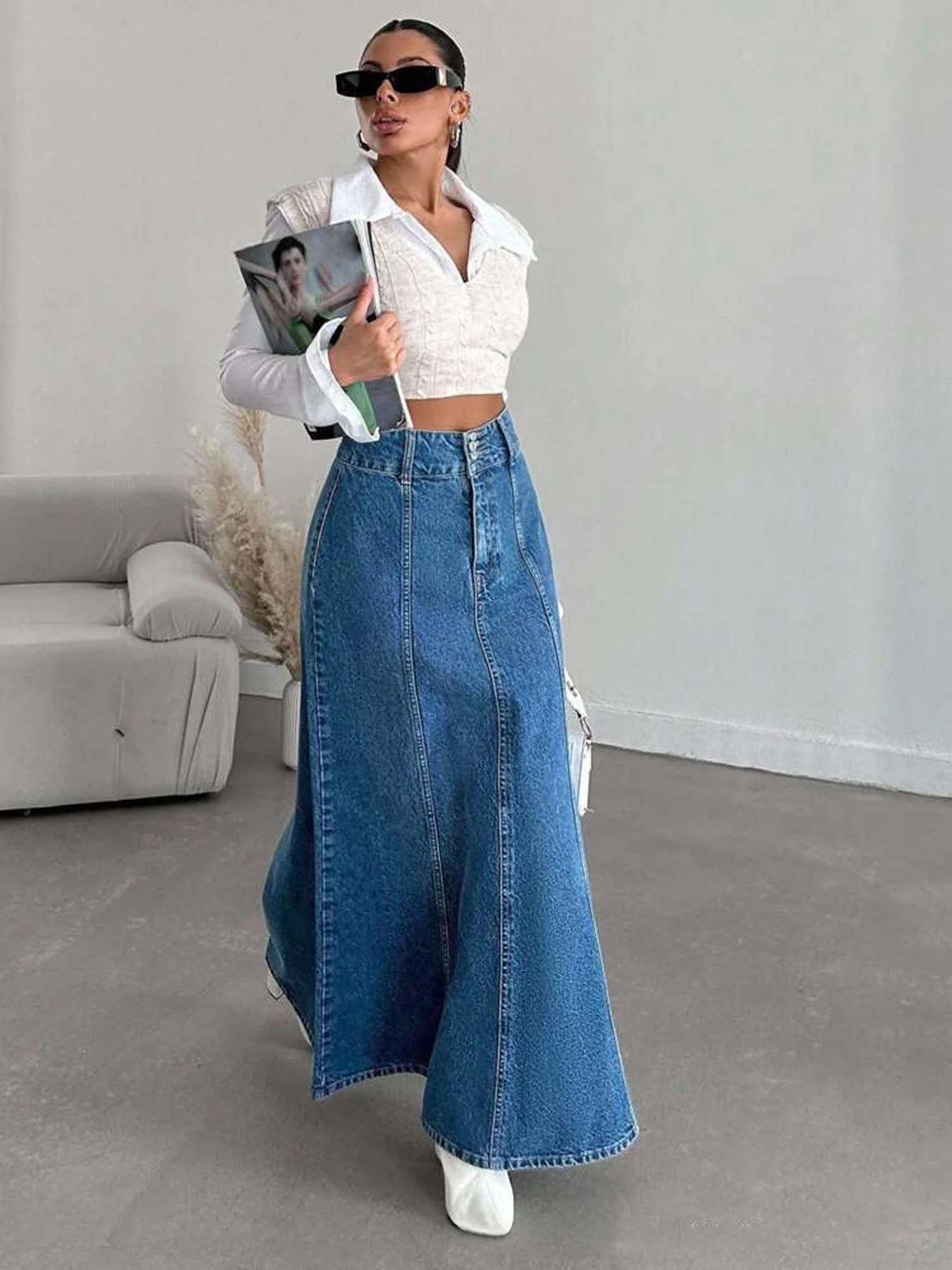 Long Denim Midi Skirt