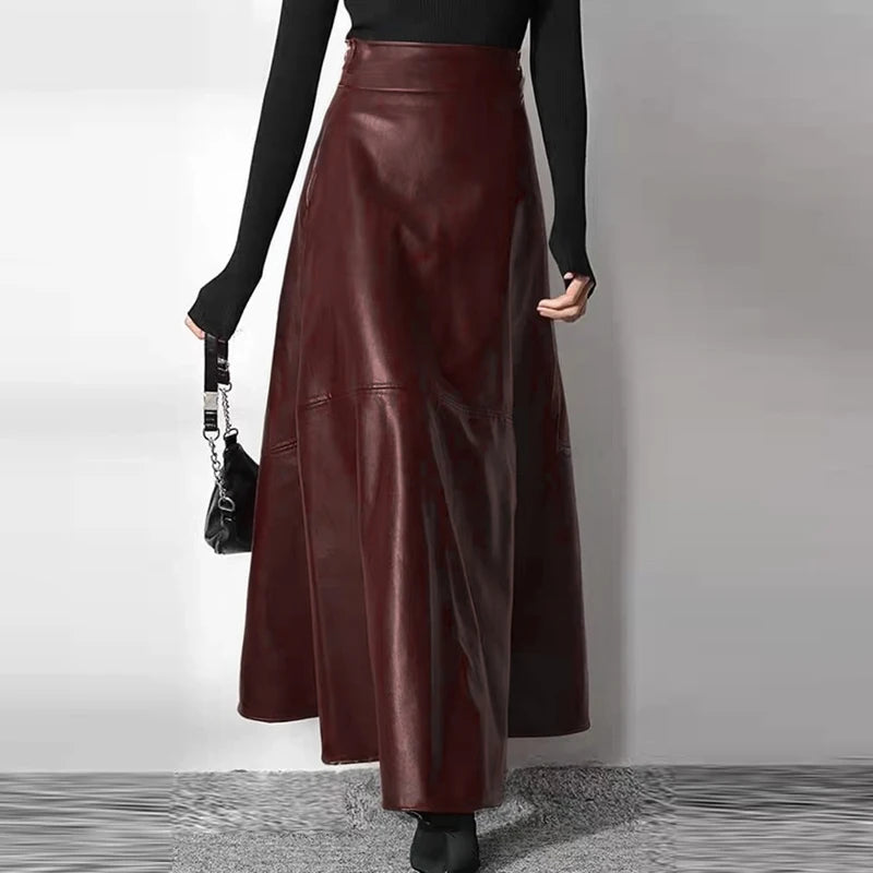 Women’s High Waist Leather Long Skirt