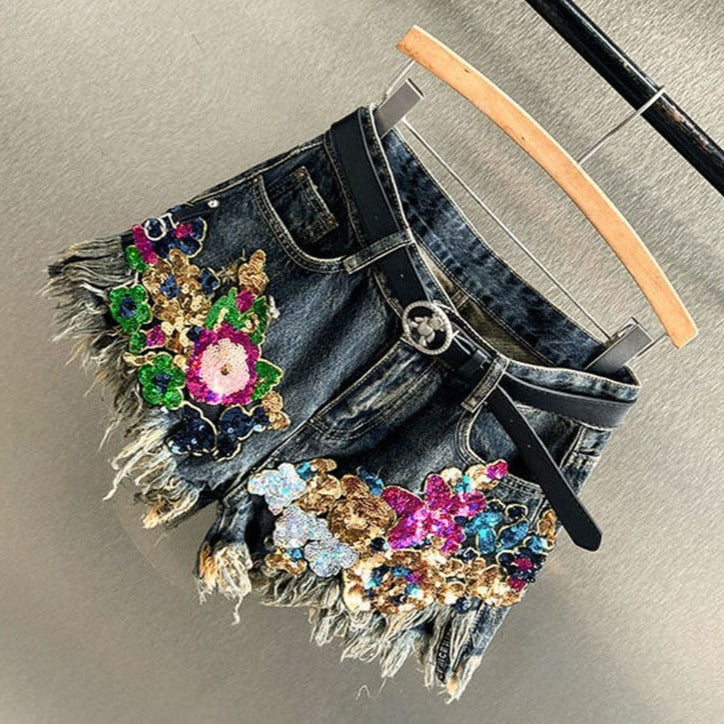 Sequin Floral Denim Shorts