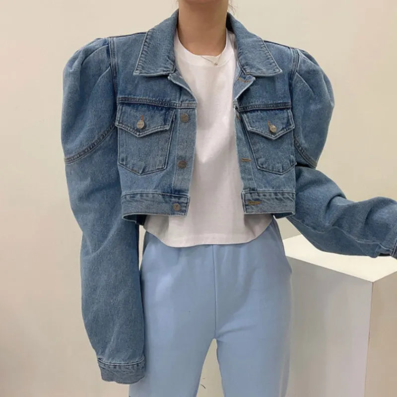 Puff Sleeve Vintage Denim Jacket