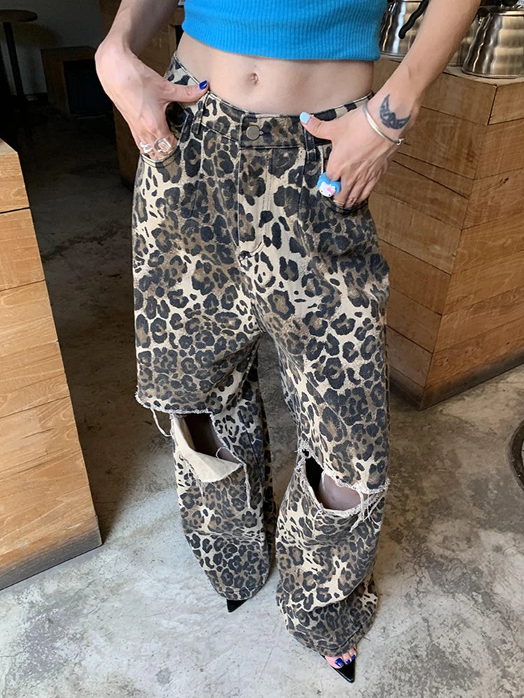 Leopard Ripped Wide Leg Jeans