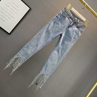 Rhinestone Fringed Jeans