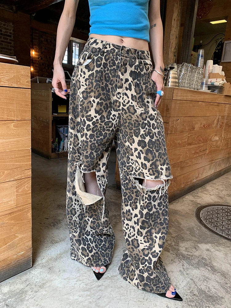 Leopard Ripped Wide Leg Jeans