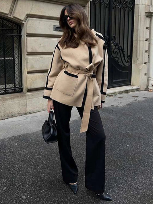 Spliced Contrast Woolen Coat