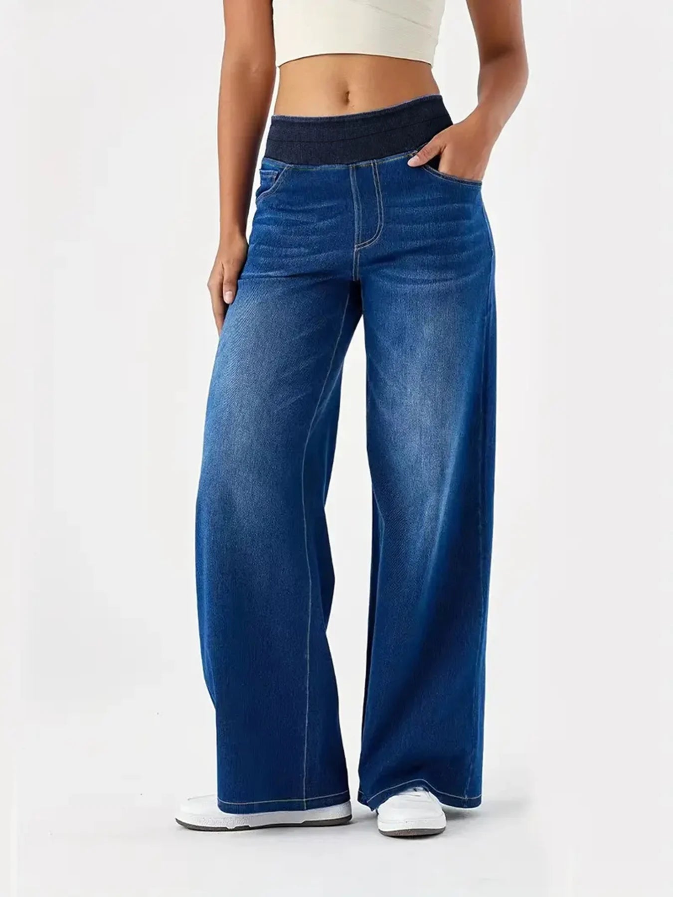 High-Stretch Elastic Waist Straight Jeans