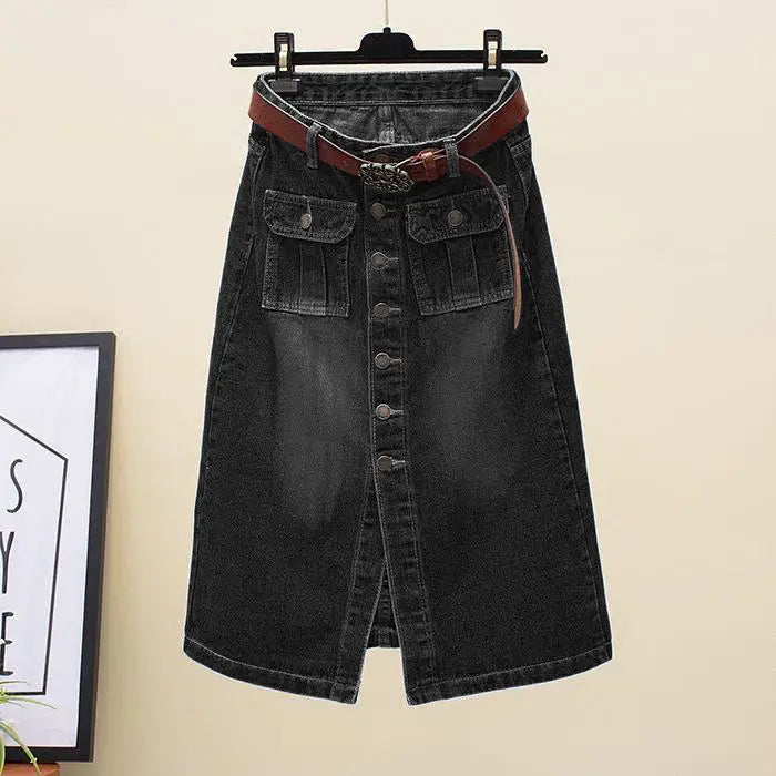 High-Waist Front Slit Denim Pencil Skirt