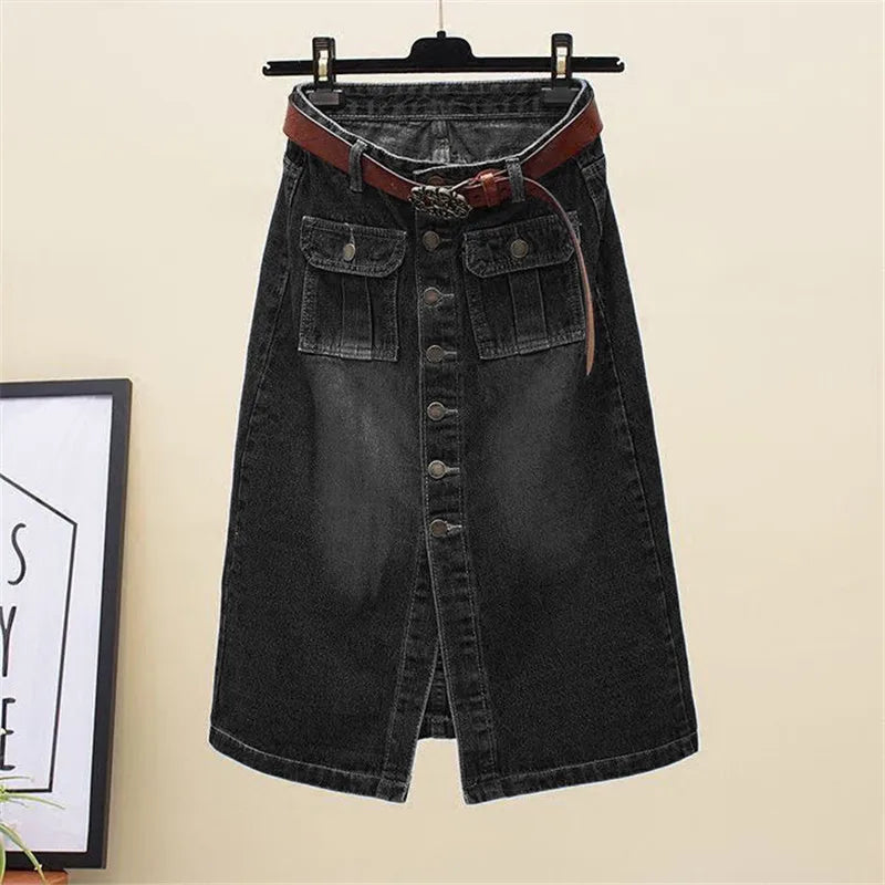 High-Waist Front Slit Denim Pencil Skirt