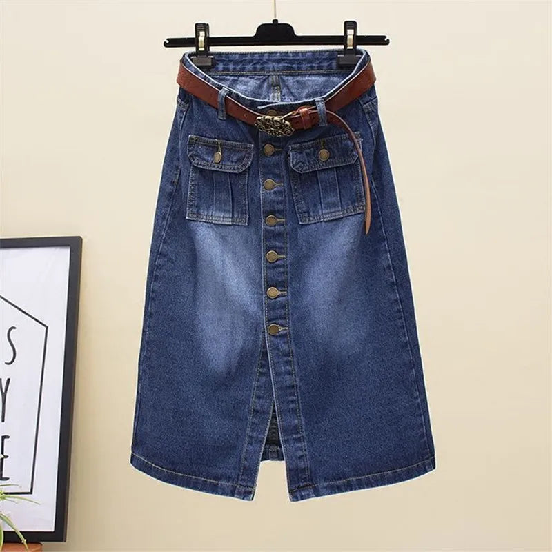 High-Waist Front Slit Denim Pencil Skirt