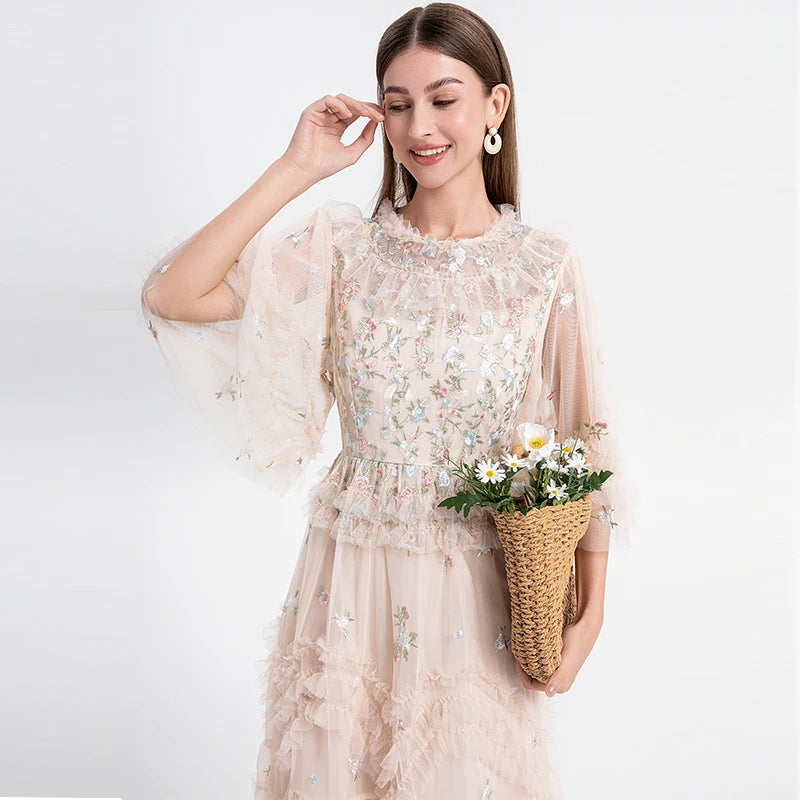 Embroidery Flower Midi Dress