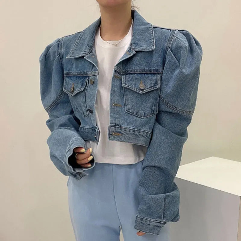 Puff Sleeve Vintage Denim Jacket