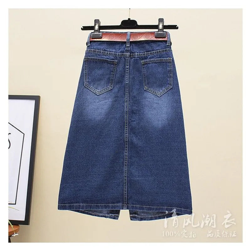 High-Waist Front Slit Denim Pencil Skirt