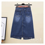High-Waist Front Slit Denim Pencil Skirt