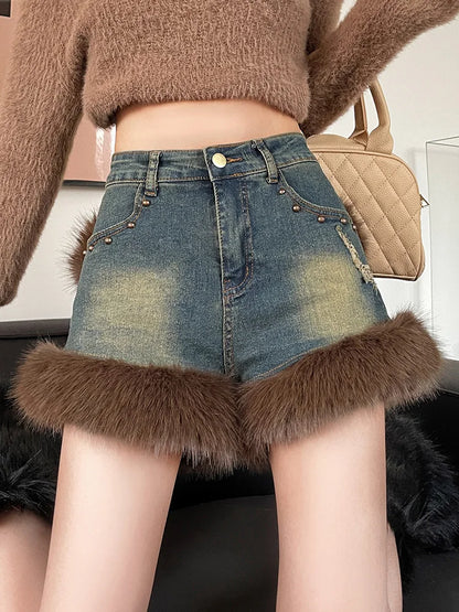 Fur Denim Shorts