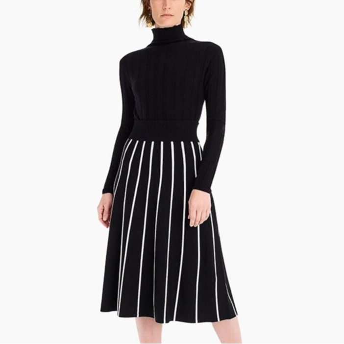 Stripe Print Turtleneck Knit Midi Dress