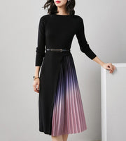 Gradient Pleated Splicing Belted Knit Dress