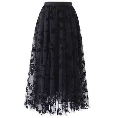 3D Posy Double-Layered Mesh Midi Skirt