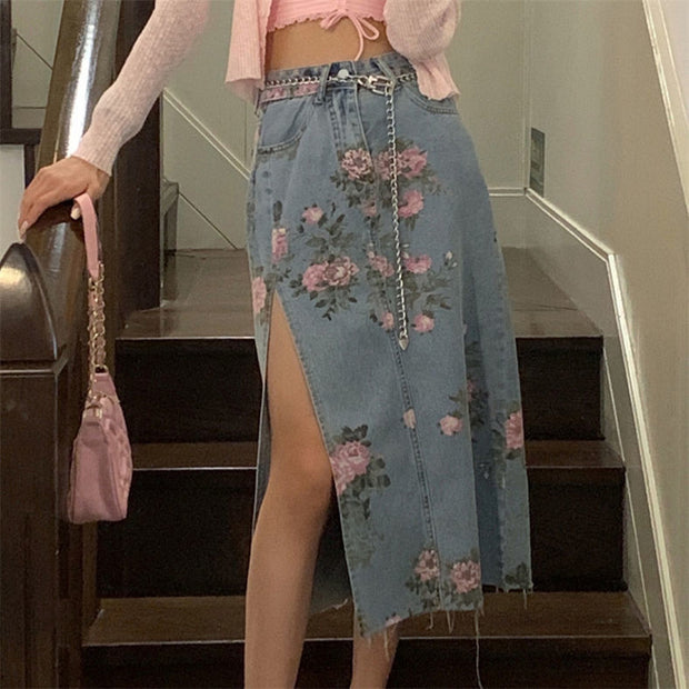 Floral Denim Skirt