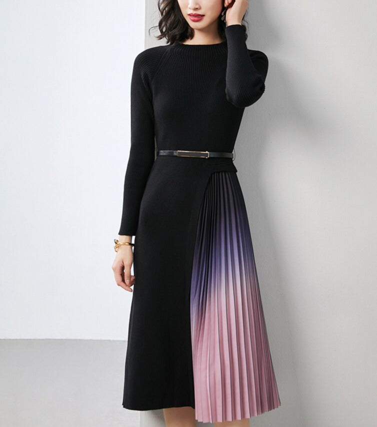 Gradient Pleated Splicing Belted Knit Dress