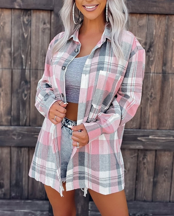 Pink Plaid Long Sleeve Outerwear